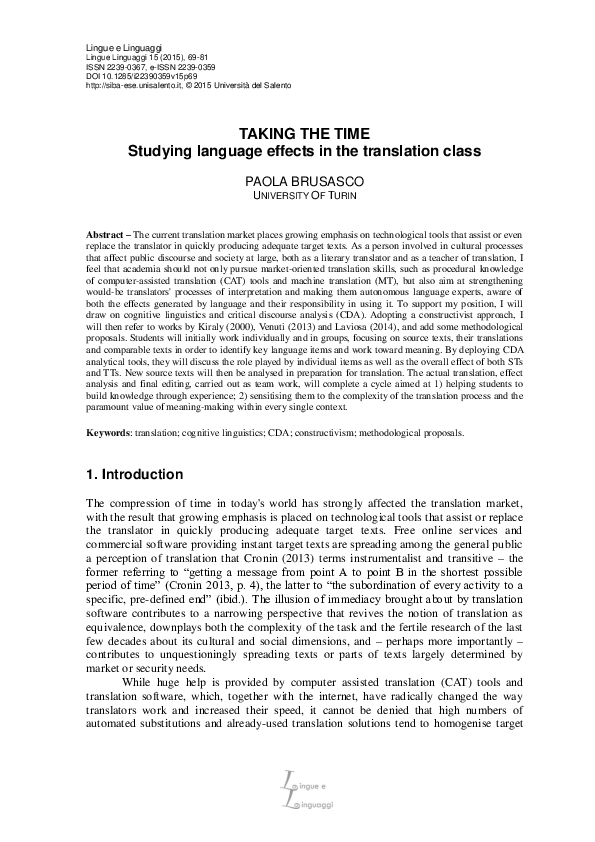 (PDF) Taking the Time. Studying language effects in the translation class