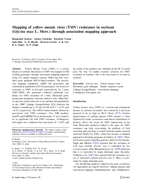 (PDF) Mapping of yellow mosaic virus (YMV) resistance in soybean ...