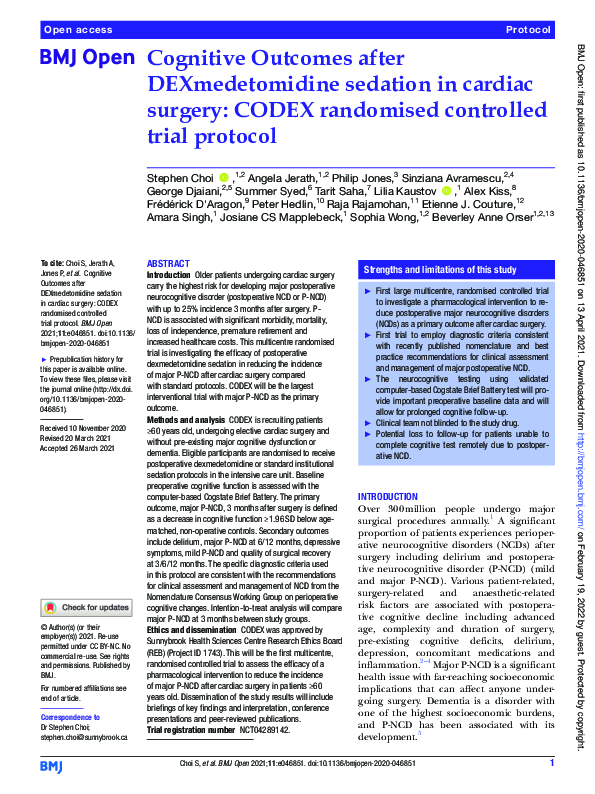 (PDF) Cognitive Outcomes after DEXmedetomidine sedation in cardiac ...