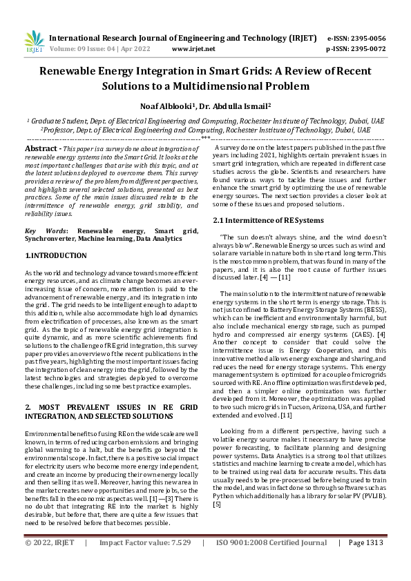 (PDF) Renewable Energy Integration in Smart Grids: A Review of Recent ...