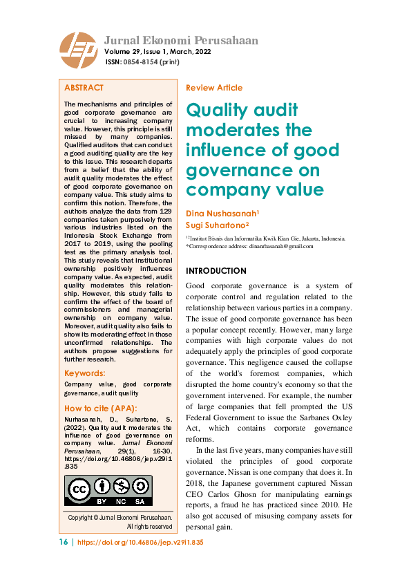 (PDF) Quality audit moderates the influence of good governance on ...