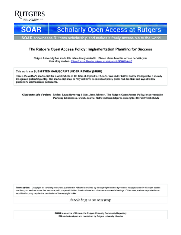(PDF) The Rutgers Open Access Policy: Implementation Planning for Success