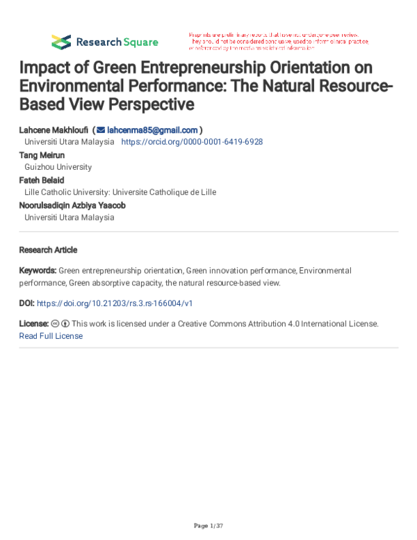 (PDF) Impact of Green Entrepreneurship Orientation on Environmental ...