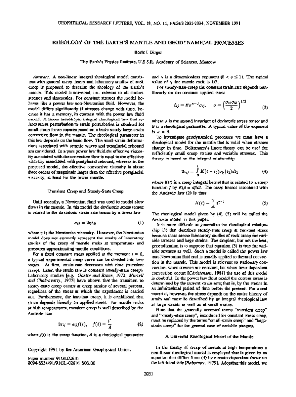 (PDF) Rheology of the Earth's mantle and geodynamical processes