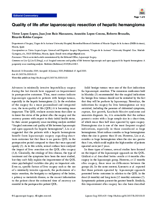 (PDF) Quality of life after laparoscopic resection of hepatic hemangioma