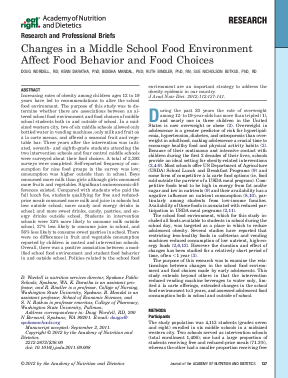 (PDF) Changes in a Middle School Food Environment Affect Food Behavior ...