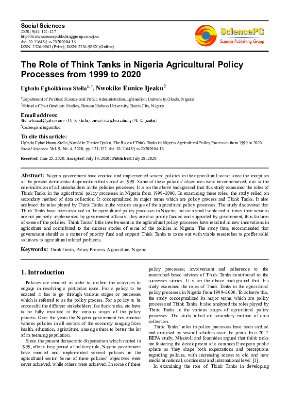 (PDF) The Role of Think Tanks in Nigeria Agricultural Policy Processes ...
