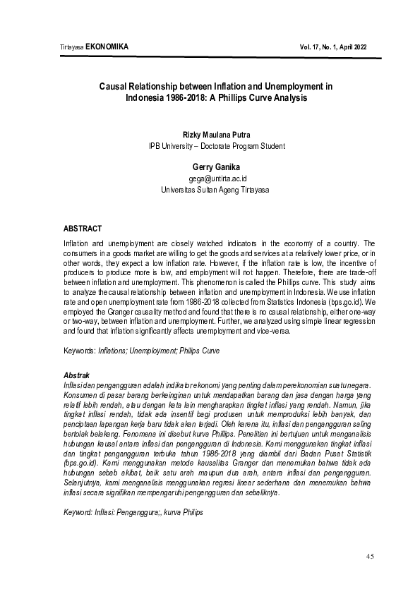Causal relationship between inflation and unemployment in indonesia