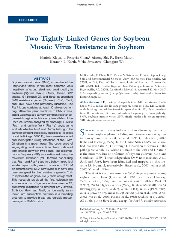 (PDF) Two Tightly Linked Genes for Soybean Mosaic Virus Resistance in ...