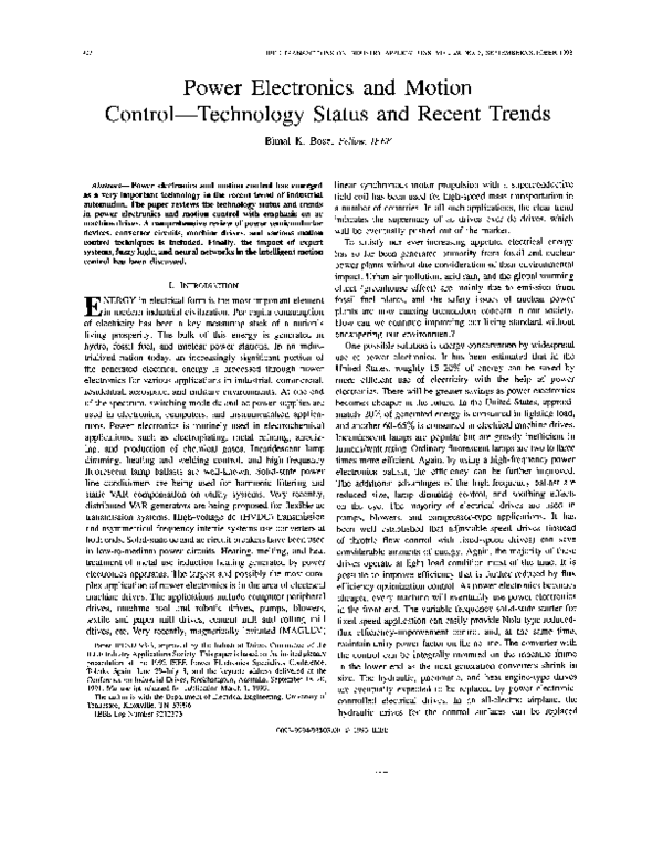 (PDF) Power electronics and motion controltechnology status and recent