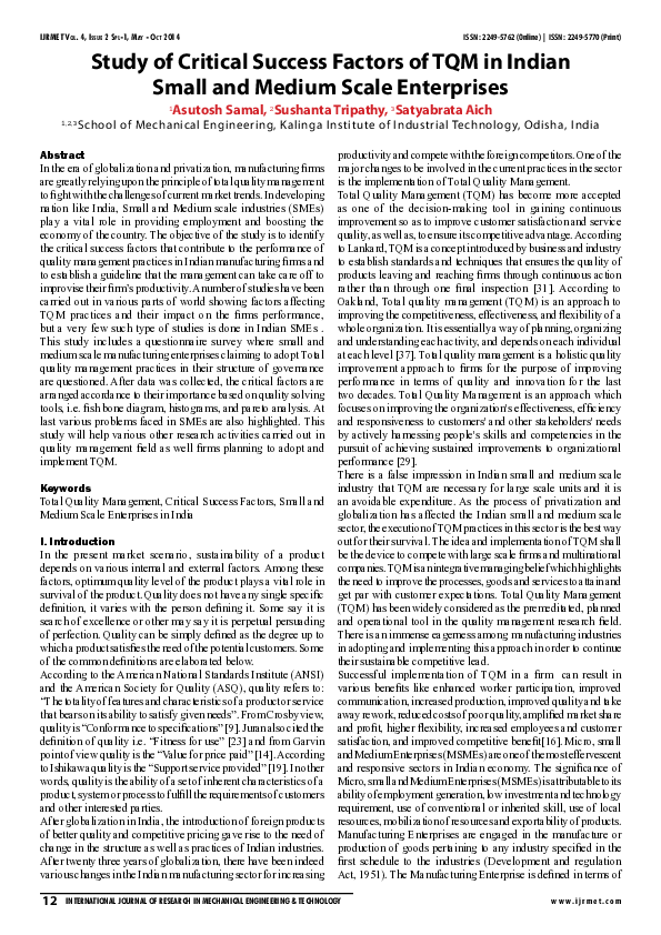(PDF) Study of Critical Success Factors of TQM in Indian Small and ...