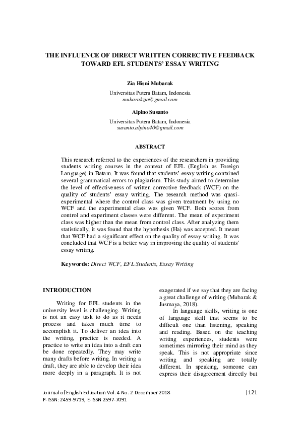 (PDF) The Influence of Direct Written Corrective Feedback Toward Efl ...