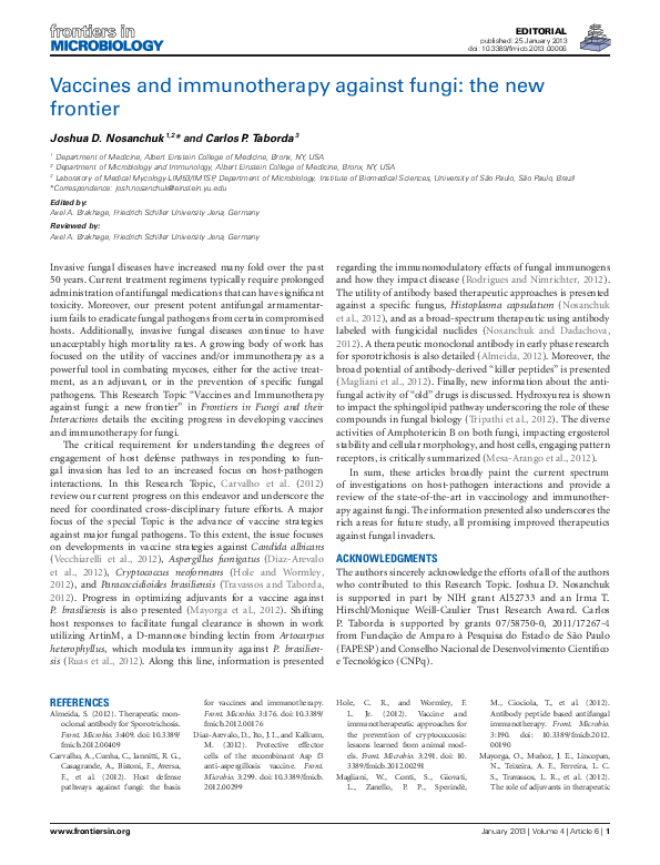 (PDF) Vaccines and immunotherapy against fungi: the new frontier
