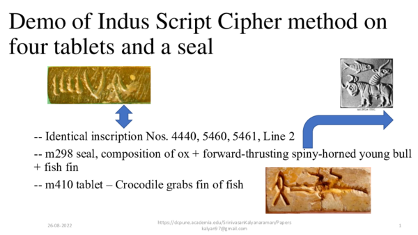 (PDF) Demo of Indus Script Cipher method on four tablets and a seal