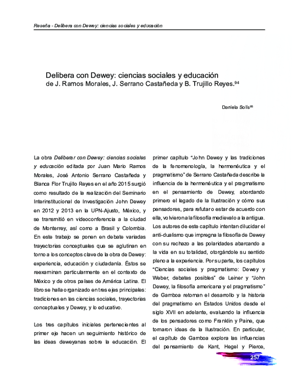 (PDF) Reseña Deliberar con Dewey: Ciencias Sociales y Educacion