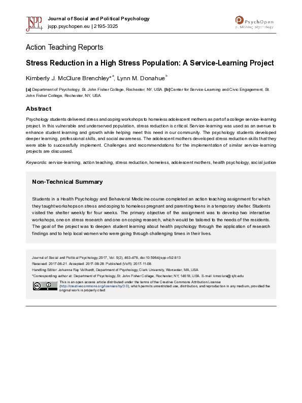 (PDF) Stress reduction in a high stress population A servicelearning