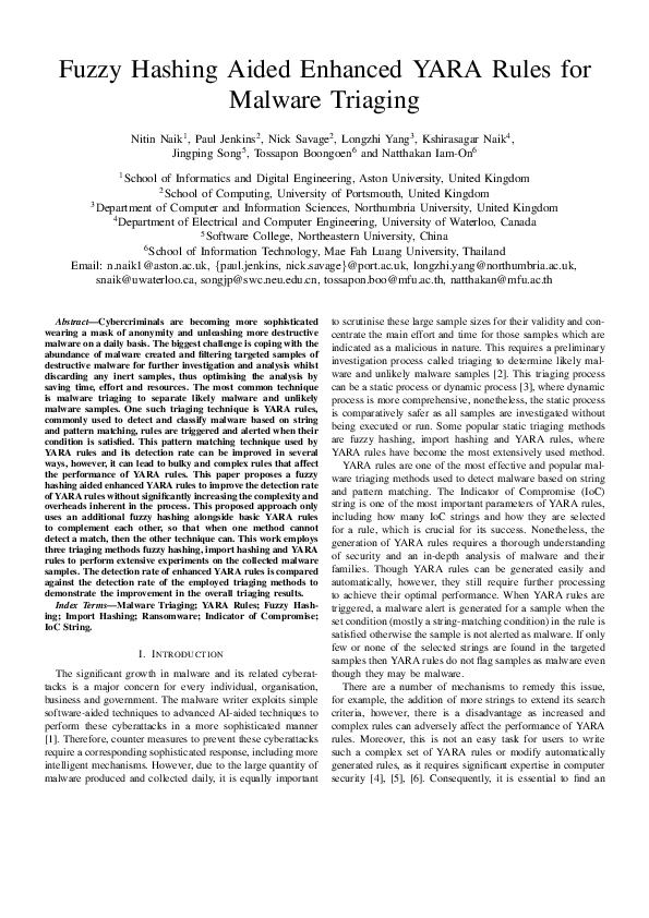 (PDF) Fuzzy Hashing Aided Enhanced YARA Rules for Malware Triaging