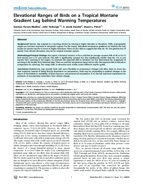 (PDF) Elevational Ranges of Birds on a Tropical Montane Gradient Lag ...