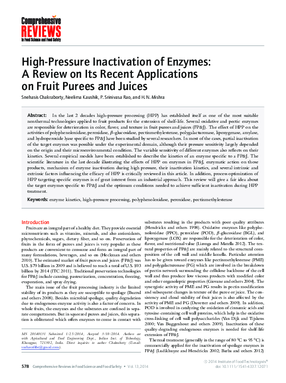 (PDF) HighPressure Inactivation of Enzymes A Review on Its Recent
