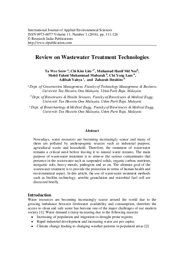(PDF) Review on Waste Water Treatment Technologies Sangita Ingole