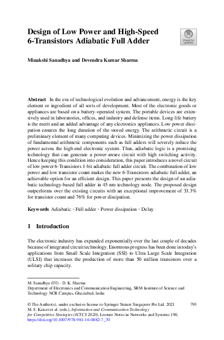(PDF) Design of Low Power and High-Speed 6-Transistors Adiabatic Full Adder