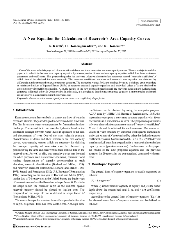 (PDF) A new equation for calculation of reservoir’s areacapacity curves Keivan Kaveh