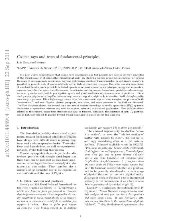(PDF) Cosmic rays and tests of fundamental principles
