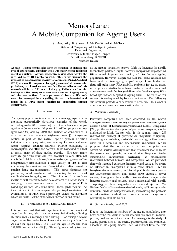 (PDF) MemoryLane: A Mobile Companion for Ageing Users
