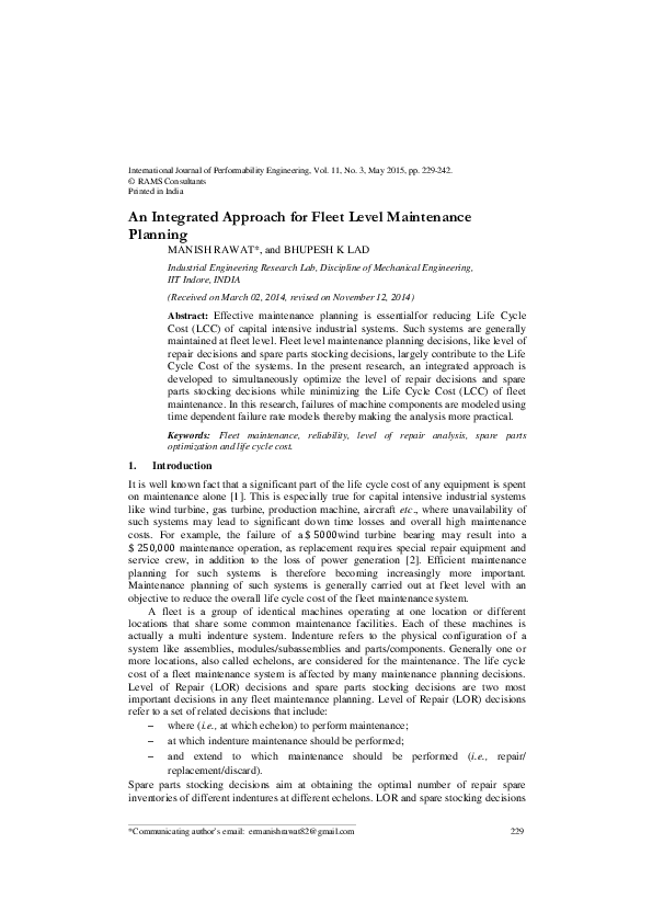 (PDF) An Integrated Approach for Fleet Level Maintenance Planning