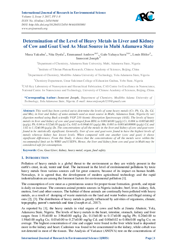(PDF) Determination of the Level of Heavy Metals in Liver and Kidney of ...