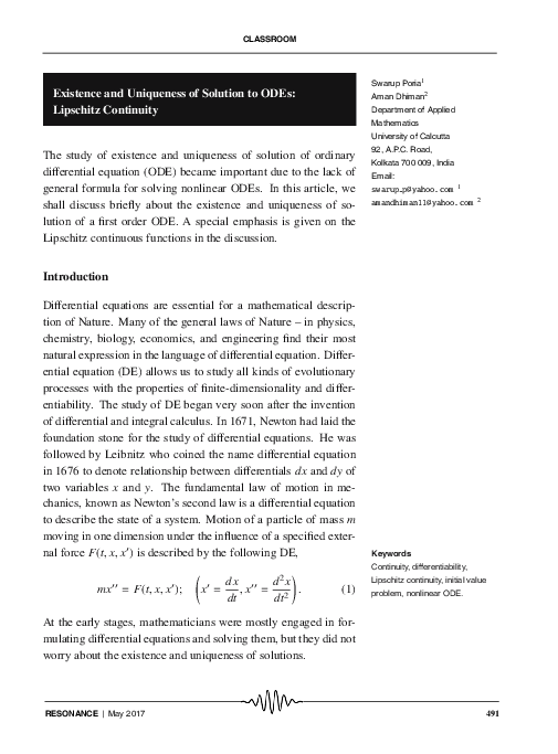 (PDF) Existence and uniqueness of solution to ODEs: Lipschitz continuity