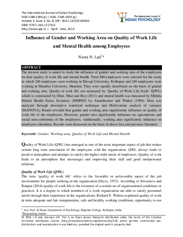 (PDF) Influence of Gender and Working Area on Quality of Work Life and ...