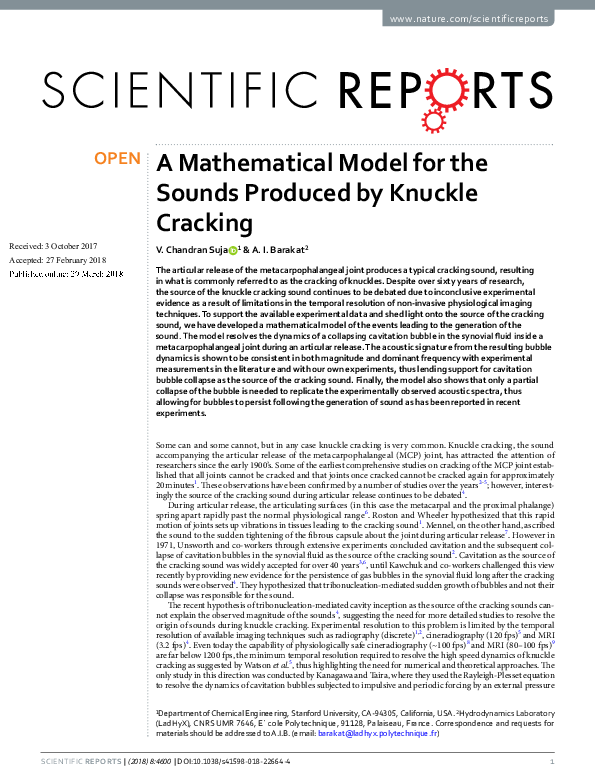 (PDF) A Mathematical Model for the Sounds Produced by Knuckle Cracking
