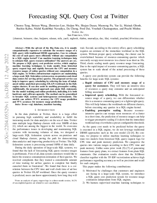 (PDF) Forecasting SQL Query Cost at Twitter