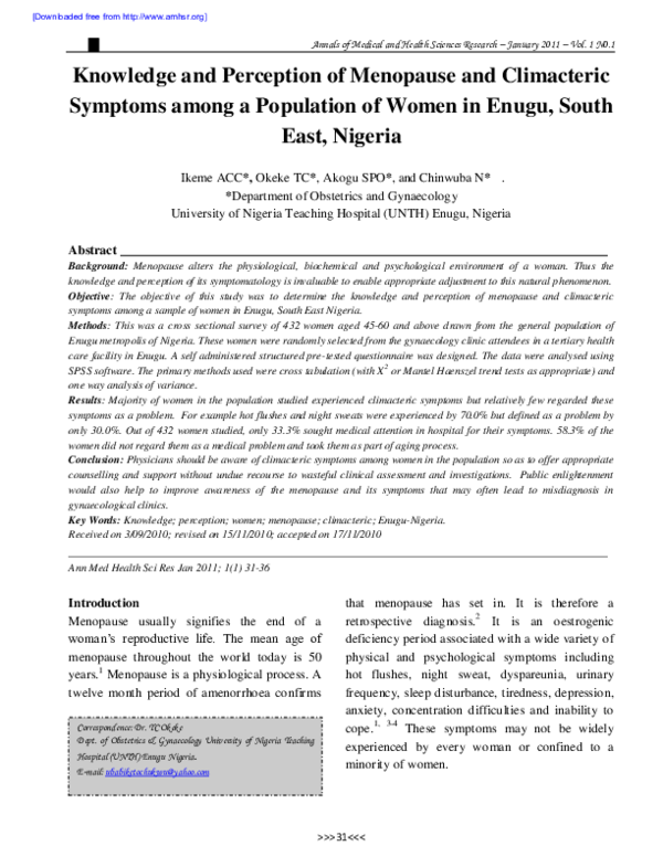 (PDF) Knowledge and Perception of Menopause and Climacteric Symptoms