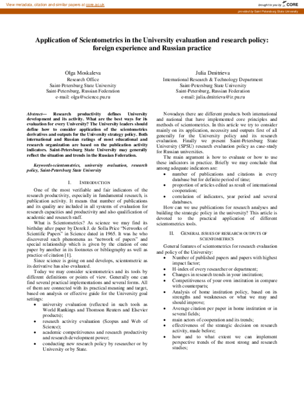 (PDF) Application of Scientometrics in University evaluation and ...
