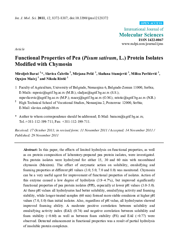 (PDF) Functional Properties of Pea (Pisum sativum, L.) Protein Isolates ...