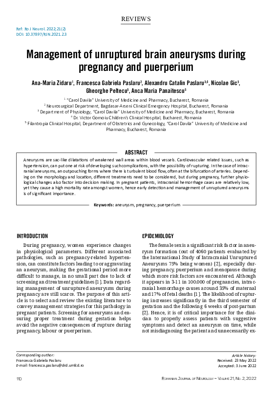 (PDF) Management of unruptured brain aneurysms during pregnancy and ...