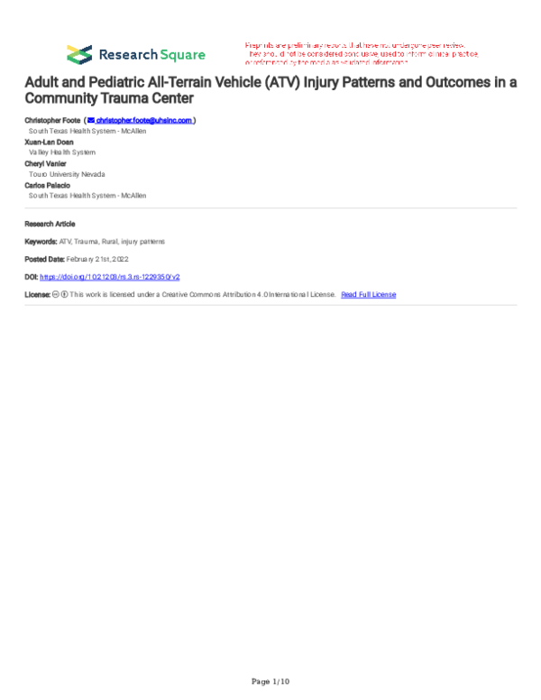 (PDF) Adult and Pediatric All-Terrain Vehicle (ATV) Injury Patterns and ...