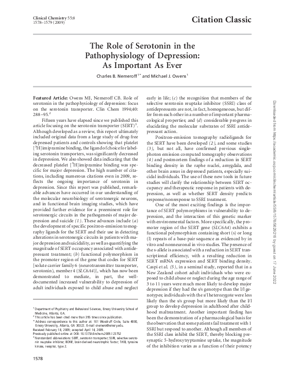(PDF) The Role of Serotonin in the Pathophysiology of Depression: As ...