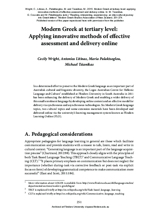 (PDF) Modern Greek at tertiary level: applying innovative methods of ...