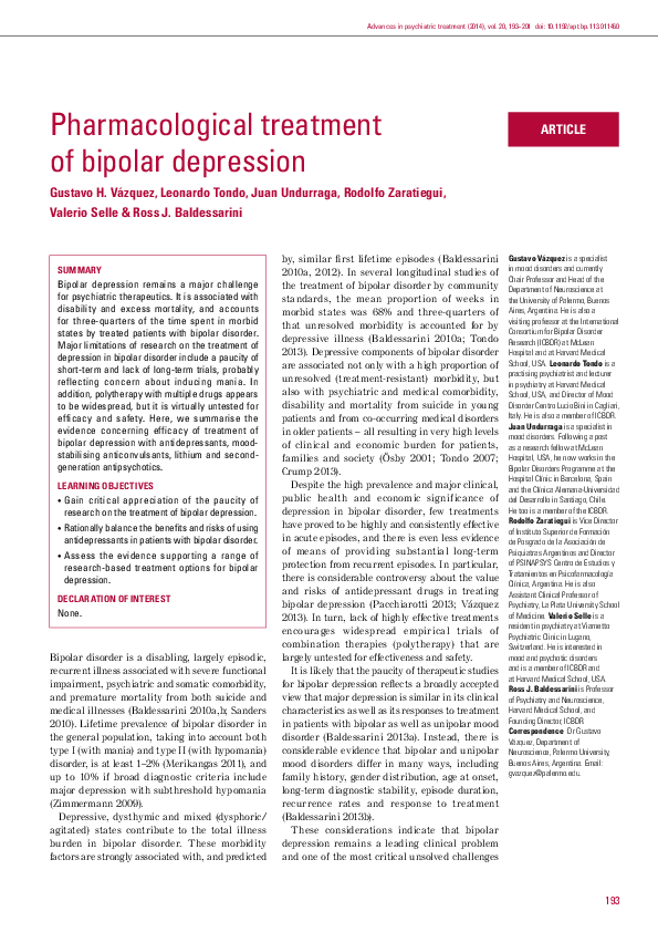 (PDF) Pharmacological Treatment of Bipolar Depression