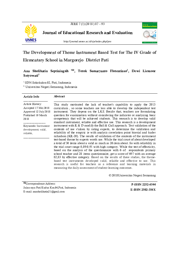 (PDF) The Development of Theme Instrument Based Test for The IV Grade ...