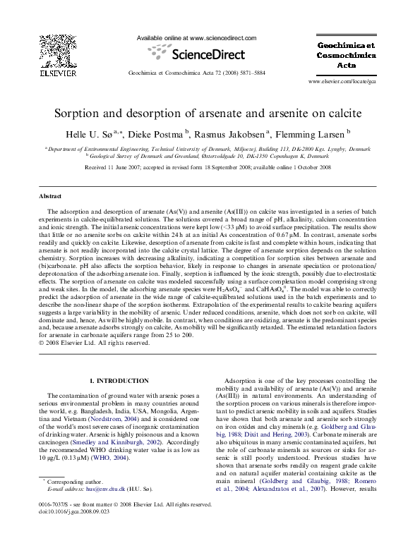 (PDF) Sorption and desorption of arsenate and arsenite on calcite