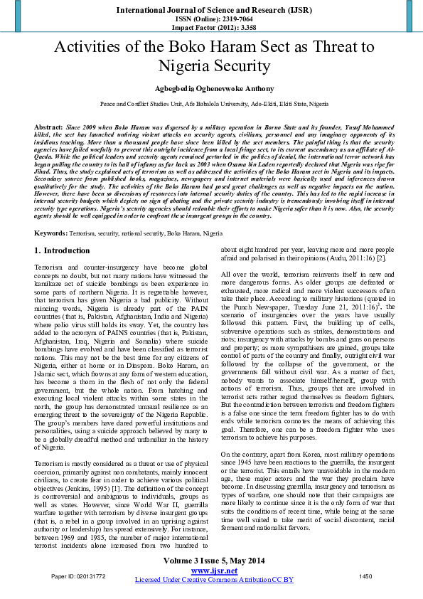 (PDF) Activities of the Boko Haram Sect as Threat to Nigeria Security