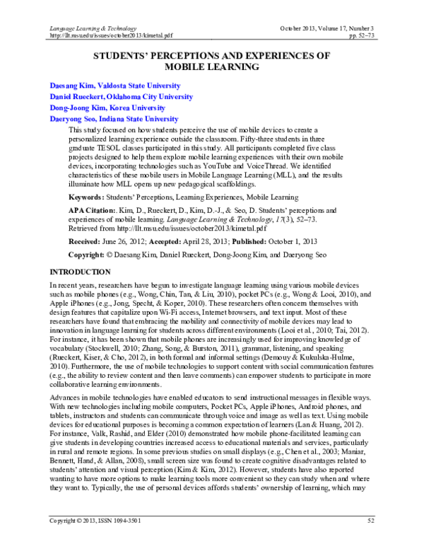 (PDF) Students' Perceptions and Experiences of Mobile Learning