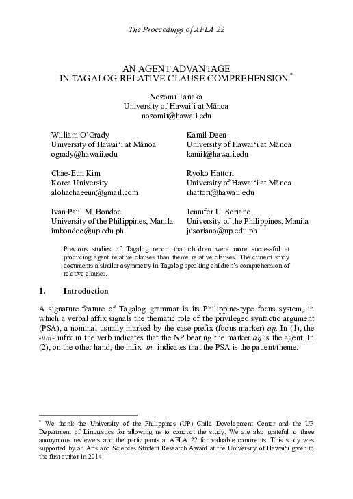 (PDF) The Proceedings of AFLA 22 AN AGENT ADVANTAGE IN TAGALOG RELATIVE ...