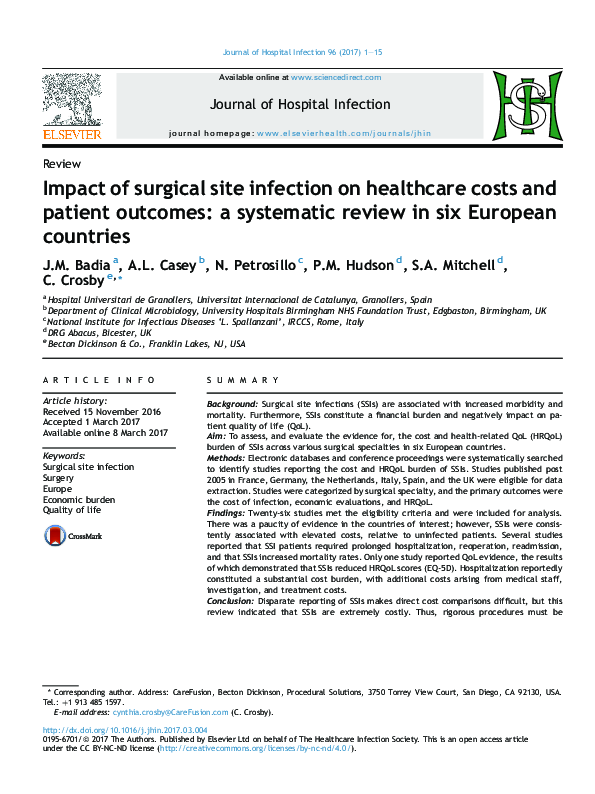 (PDF) Impact of surgical site infection on healthcare costs and patient ...