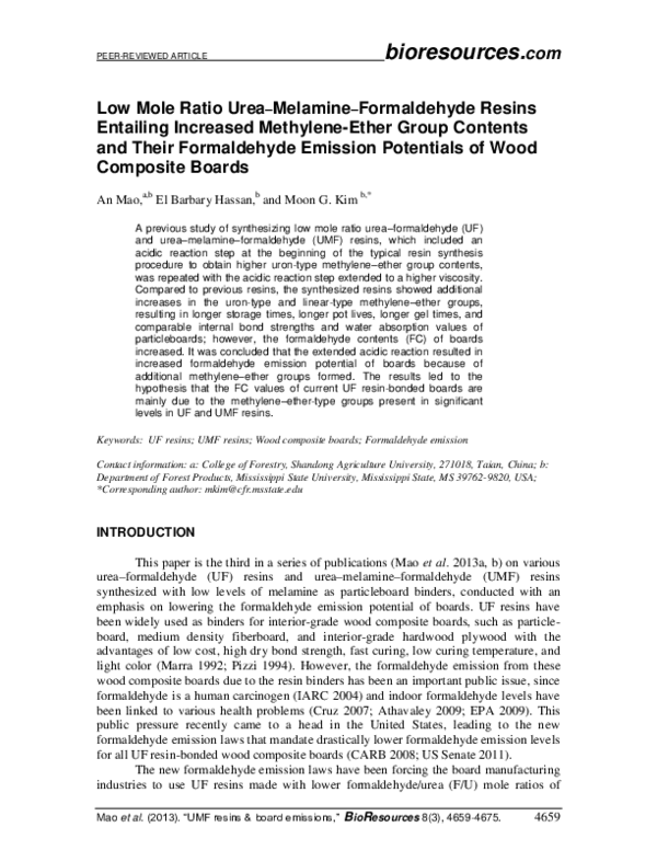 (PDF) Low Mole Ratio UreaMelamineFormaldehyde Resins Entailing Increased MethyleneEther Group