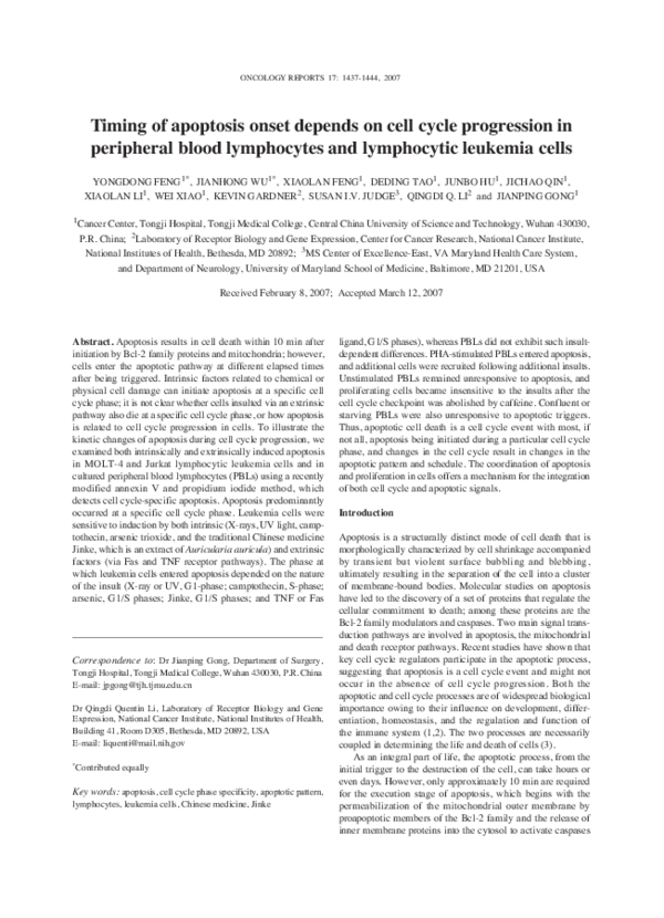 (PDF) Timing of apoptosis onset depends on cell cycle progression in ...